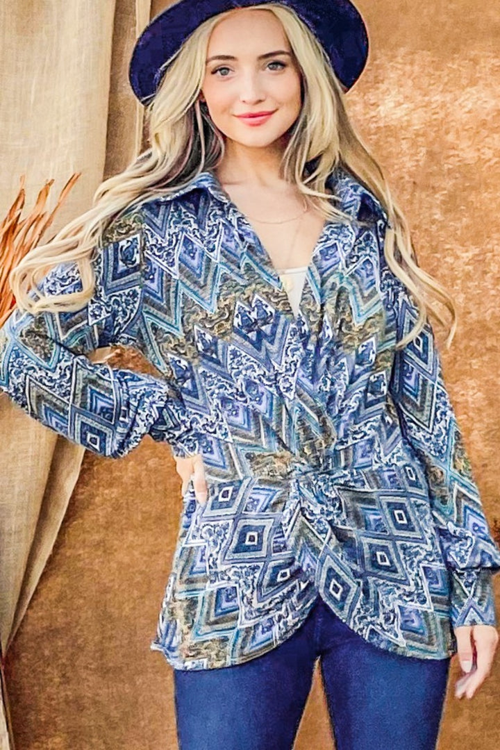 And The Why Print Twist Knot Long Sleeve Blouse French Blue