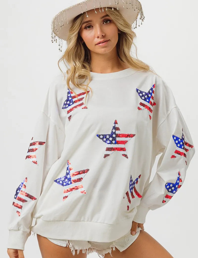 OFF WHITE BiBi American Flag Sequin Star Sweatshirt | Sweatshirts Daverri Fashions