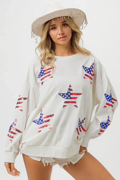 BiBi American Flag Sequin Star Sweatshirt - DAVERRI FASHIONS