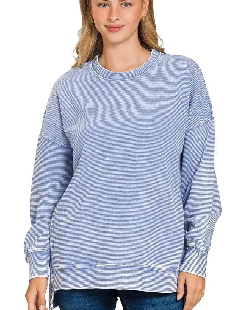 MARLIN Zenana Full Size Acid Washed Double Ribbed Hi-low Sweatshirt Plus Size | Sweatshirts Daverri Fashions