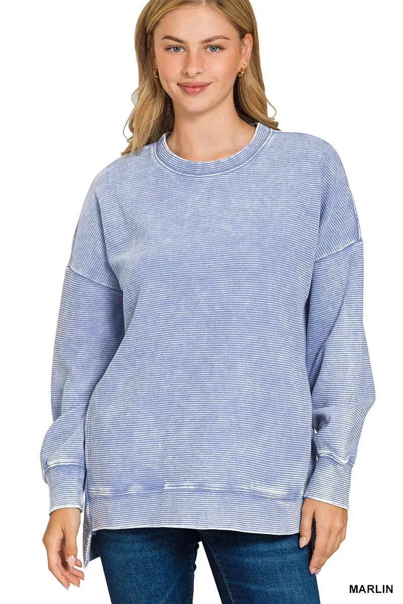 MARLIN Zenana Full Size Acid Washed Double Ribbed Hi-low Sweatshirt Plus Size | Sweatshirts Daverri Fashions