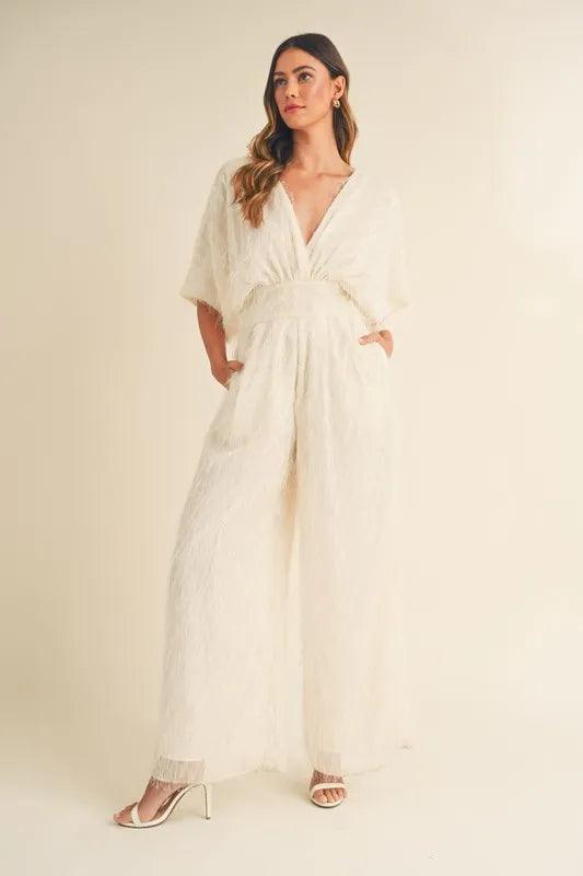 MABLE Fluffy Deep V Neck Wide Leg Jumpsuit | Jumpsuits Daverri Fashions