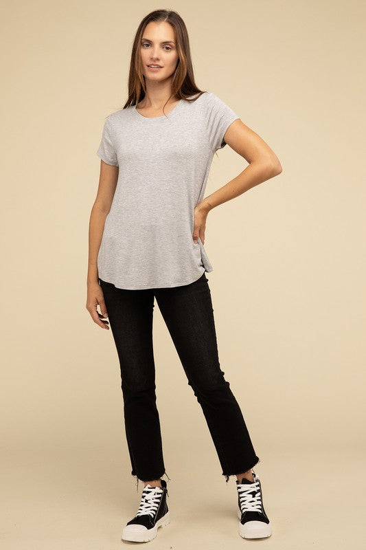 Flowy Round Hem Rayon Short Sleeve Top T-Shirts