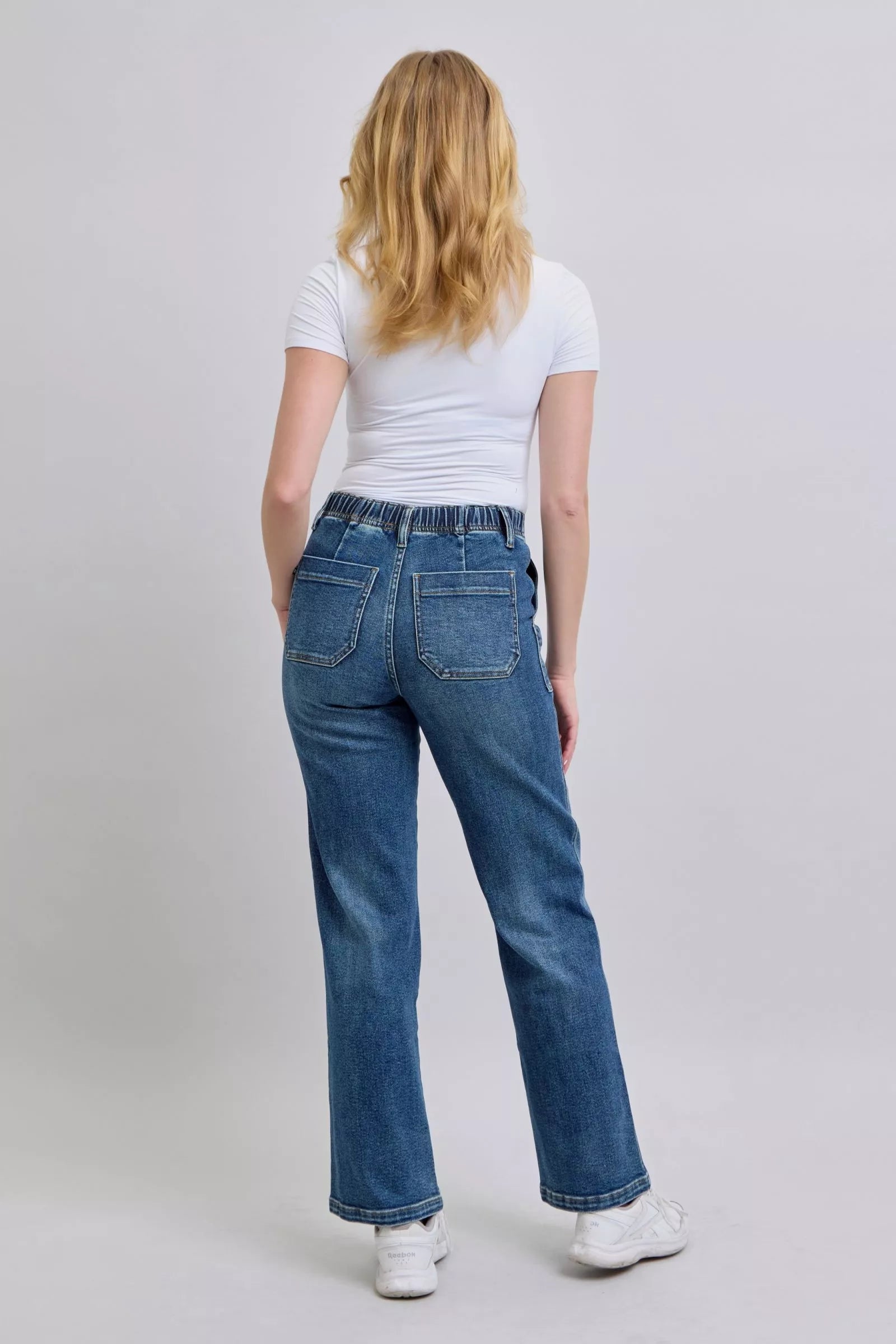 Judy Blue drawstring straight jeans with pockets, relaxed fit blue denim elastic waistband