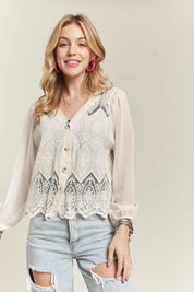 BEIGE M L ADORA Button Down Embroidered Blouse | Blouses Daverri Fashions