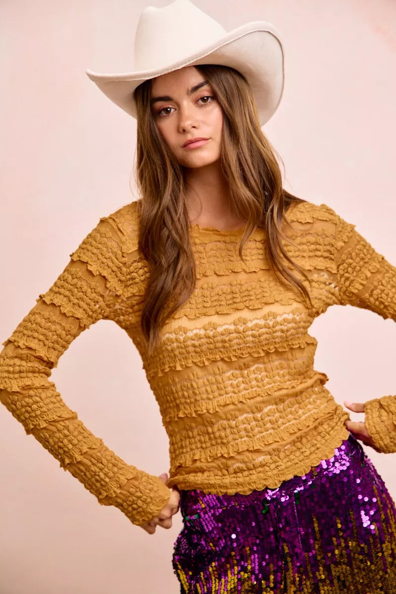 Mustard yellow textured BiBi ruffles detail sweater with lace top