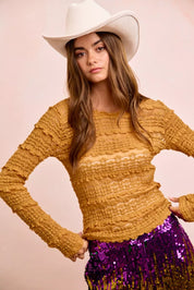 Mustard yellow textured BiBi ruffles detail sweater with lace top