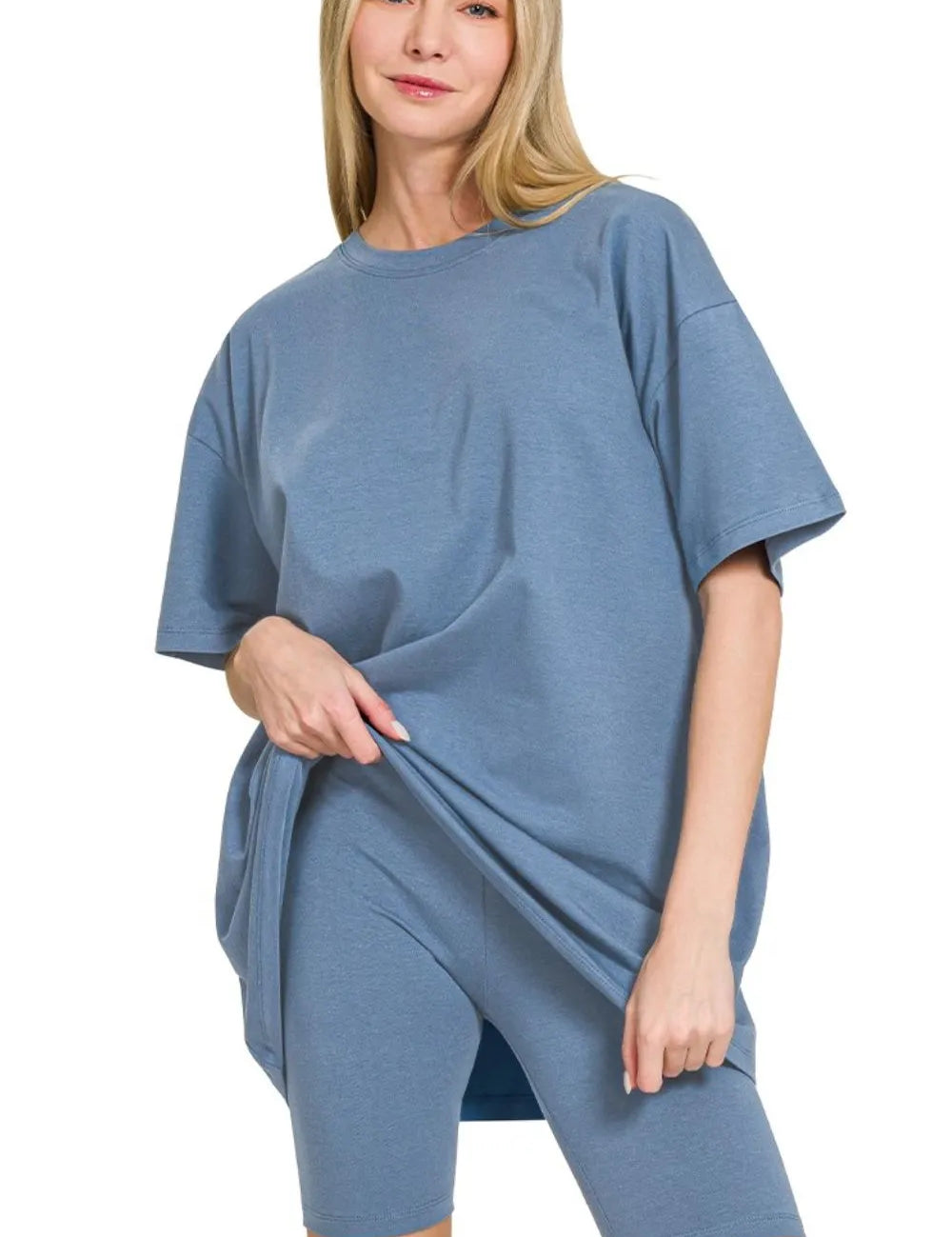 DUSTY BLUE Zenana Cotton Round Neck Top & Biker Shorts | Outfit Sets Daverri Fashions