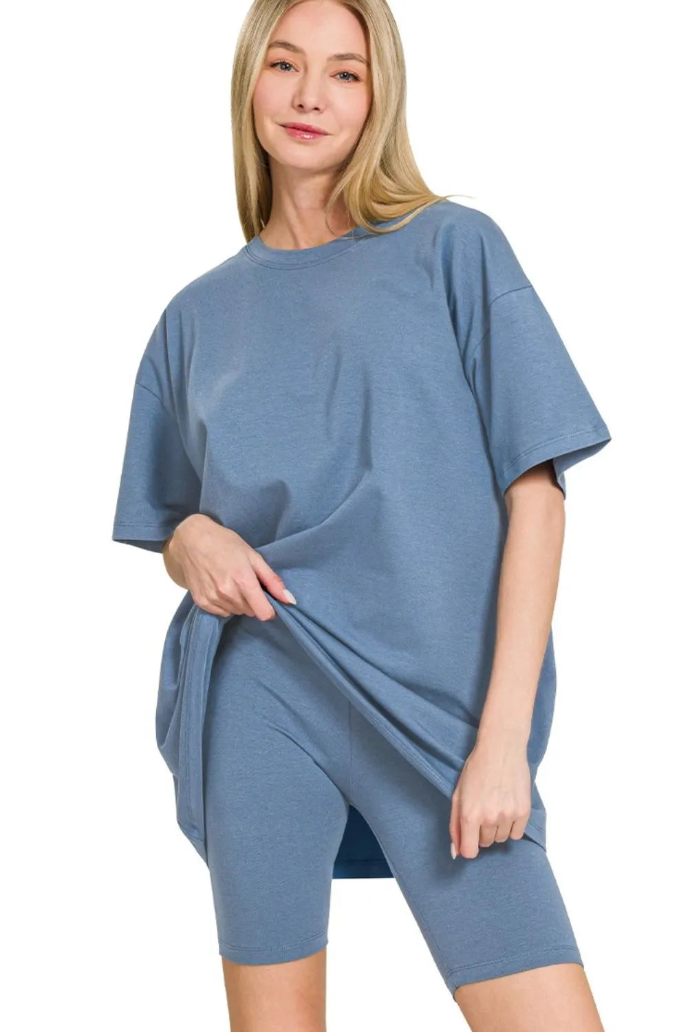 Zenana Cotton Round Neck Top & Biker Shorts DUSTY BLUE Outfit Sets