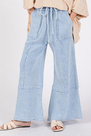 SAGE + FIG Waffle Textured Wide Leg Mineral Washed Pants Light Blue