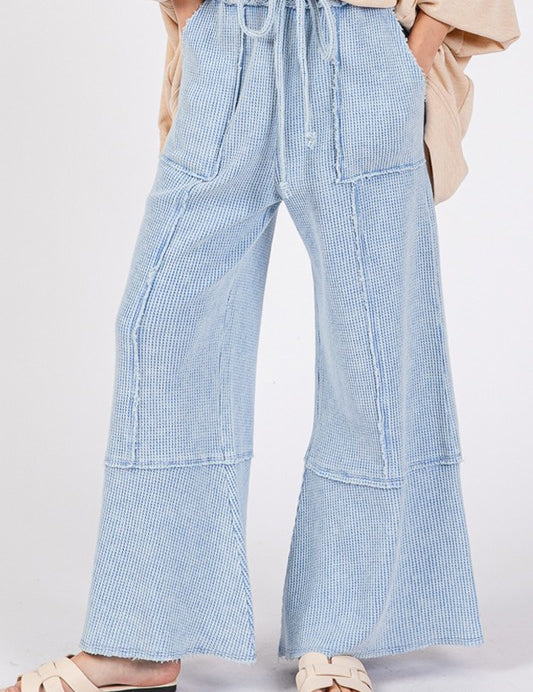 SAGE + FIG Waffle Textured Wide Leg Mineral Washed Pants Light Blue