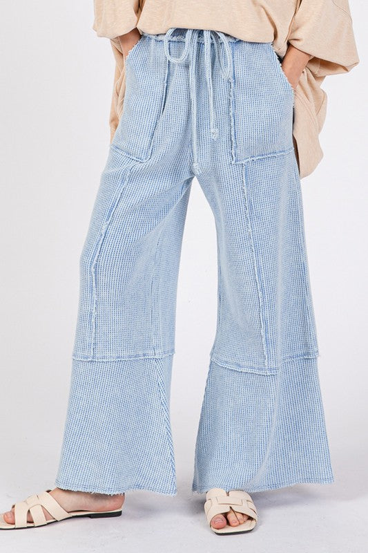 SAGE + FIG Waffle Textured Wide Leg Mineral Washed Pants Light Blue