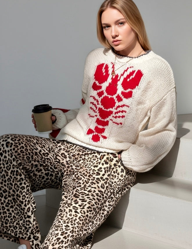 Full Size Lobster Contrast Trim Round Neck Sweater Plus Size | Sweaters Daverri Fashions