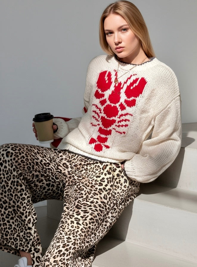 Full Size Lobster Contrast Trim Round Neck Sweater Plus Size | Sweaters Daverri Fashions