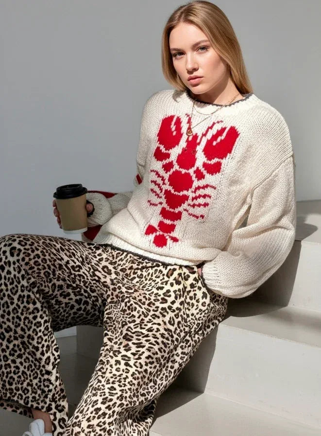 Full Size Lobster Contrast Trim Round Neck Sweater Plus Size - DAVERRI FASHIONS