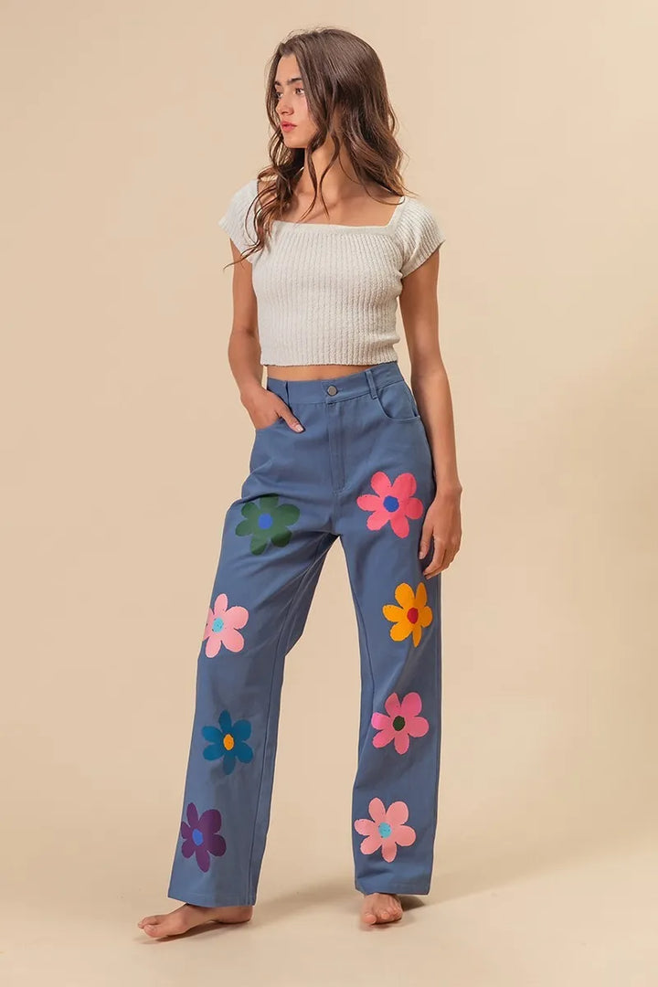 BiBi Flower Print Straight Legs Pants Pants