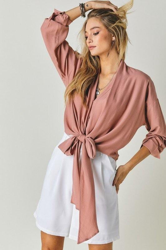 Long Sleeve V-Neck Waist Tie Top Blush Shirts & Tops