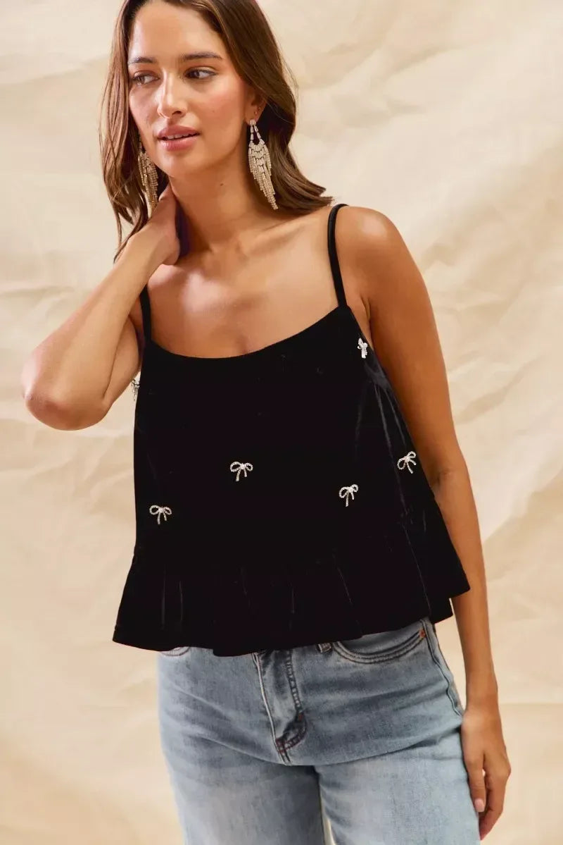 SO ME Holiday Velvet Ribbon Rhinestone Christmas Top - DAVERRI FASHIONS