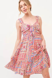 And The Why Tied Front Smocked Back Tiered Boho Printed Dress | Knee Length Dresses Daverri Fashions