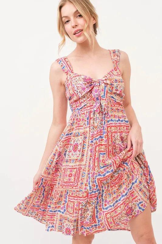 And The Why Tied Front Smocked Back Tiered Boho Printed Dress - DAVERRI FASHIONS