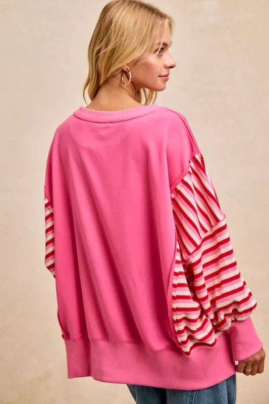 Vibrant pink BiBi French terry stripe combo sweatshirt with red white ruffled sleeves
