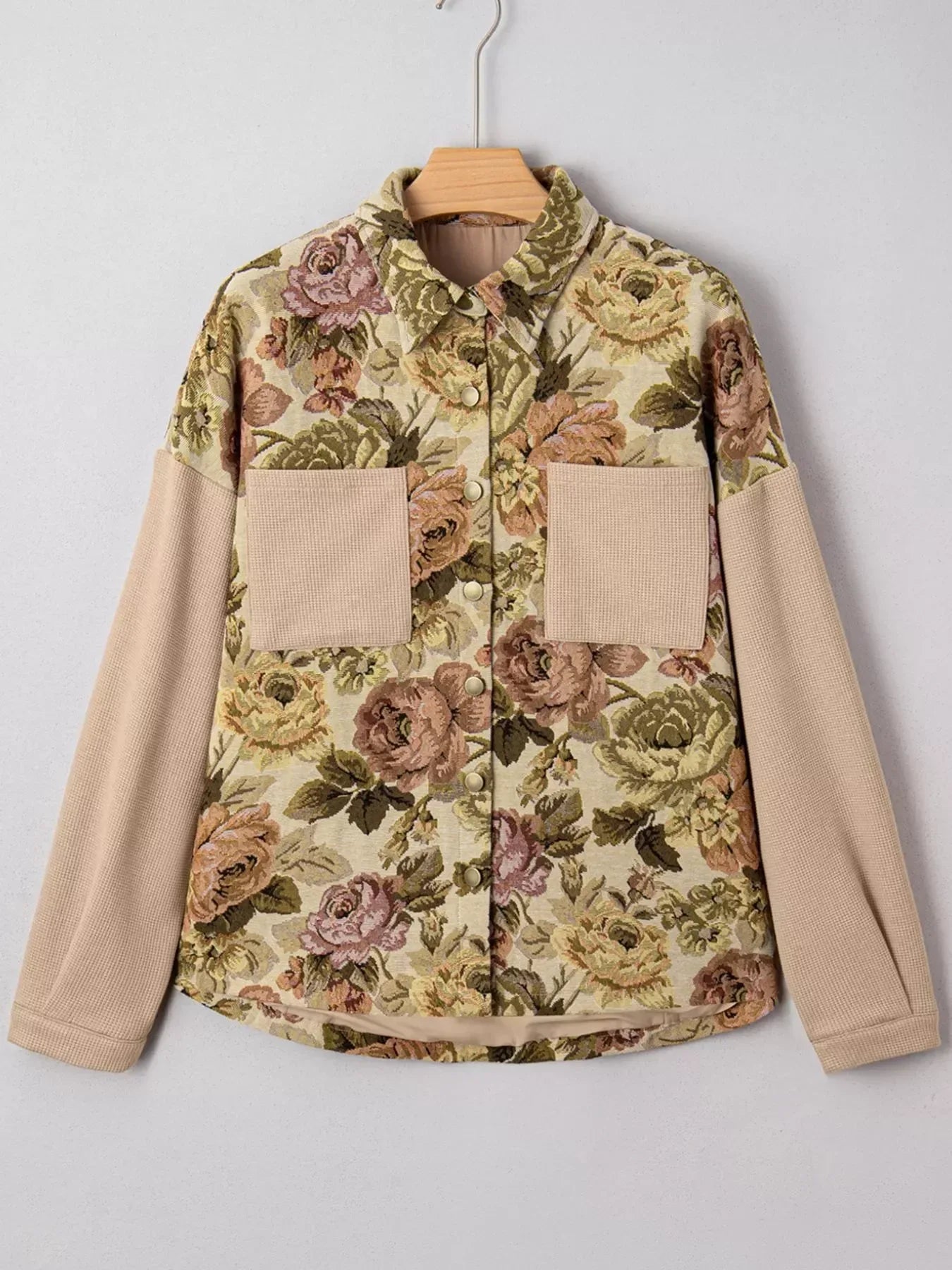 Floral Waffle Knit Patchwork Chest Pockets Buttoned Jacket - DAVERRI FASHIONS