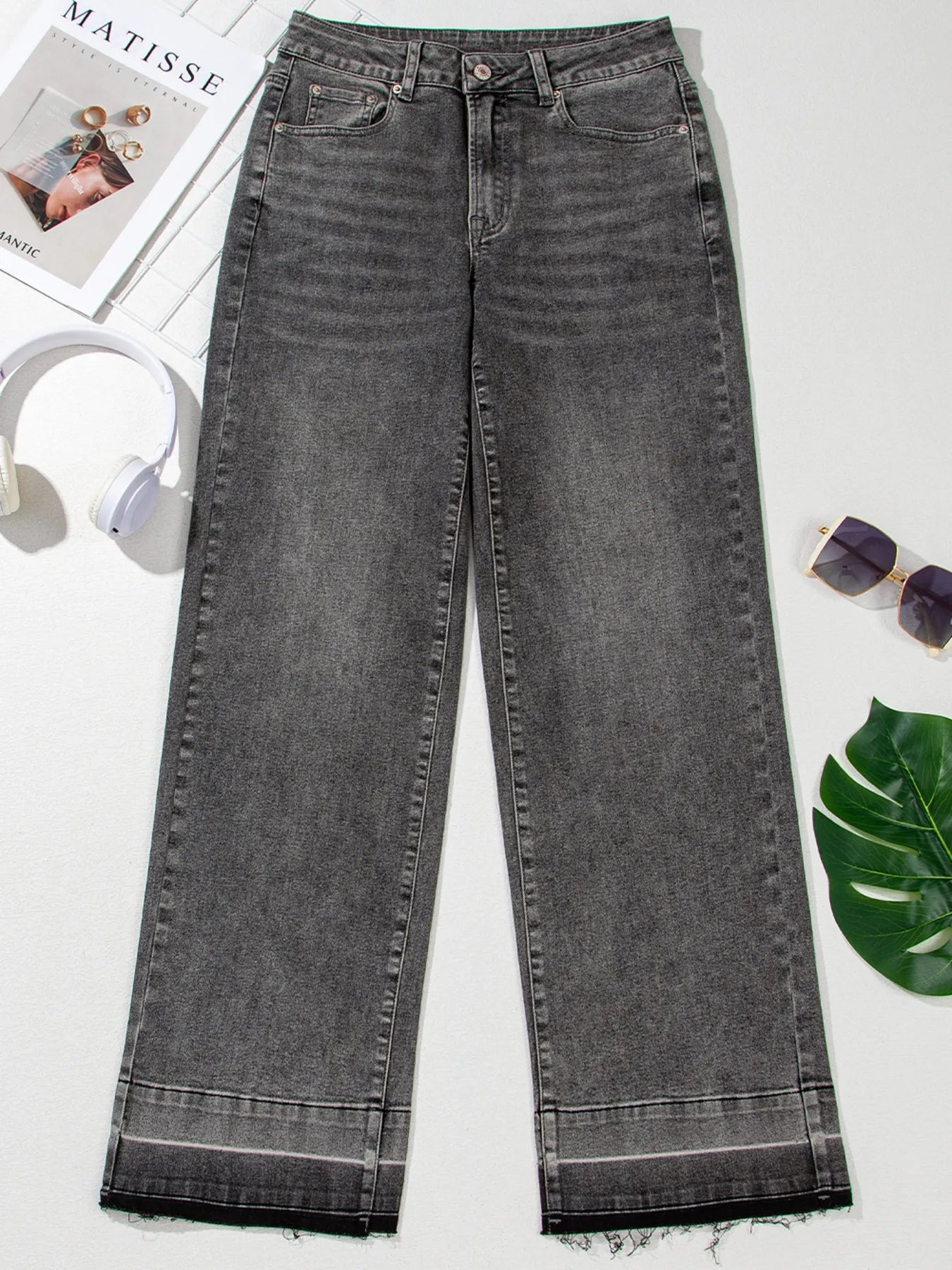Charcoal gray Daverri high-waisted raw hem loose straight jeans