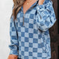 Checkered Half Zip Denim Hoodie Top - DAVERRI FASHIONS