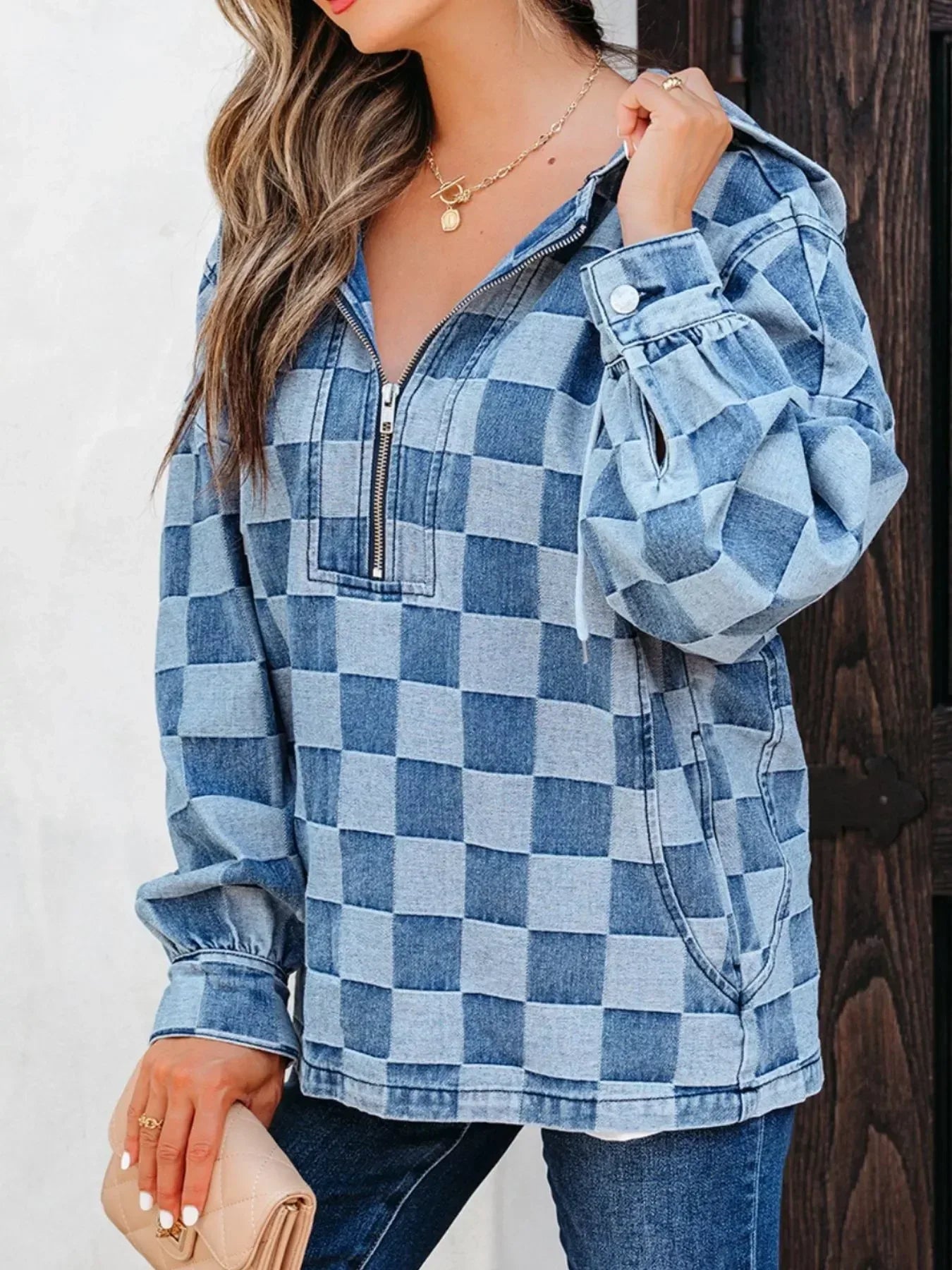 Checkered Half Zip Denim Hoodie Top - DAVERRI FASHIONS