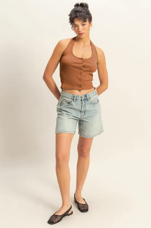 HYFVE Halter Neck Buttoned Washed Top