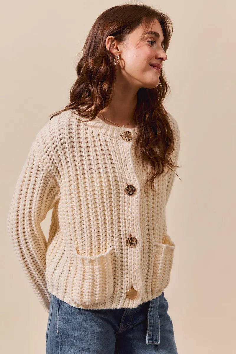 SO ME Metal Button Long Sleeve Chunky Sweater Cardigan Cardigans