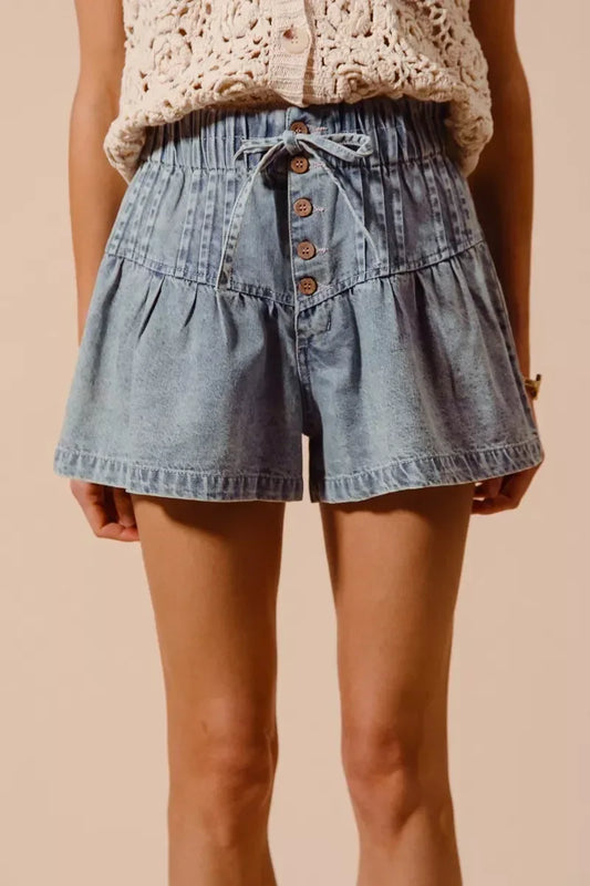 SO ME Flared Denim Shorts with Elasticized Waist - DAVERRI FASHIONS
