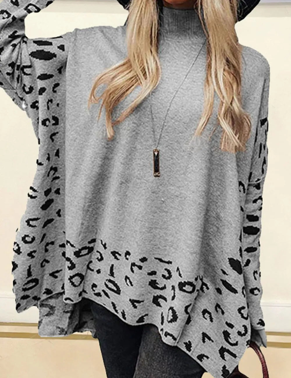 Gray Slit Leopard Mock Neck Dropped Shoulder Sweater | Sweaters Daverri Fashions