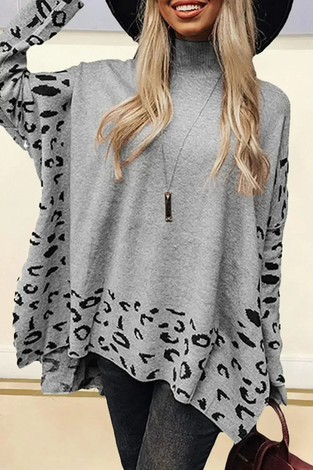 Slit Leopard Mock Neck Dropped Shoulder Sweater - DAVERRI FASHIONS