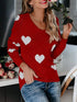 Red long-sleeved Heart Scoop Neck Sweater with white heart patterns