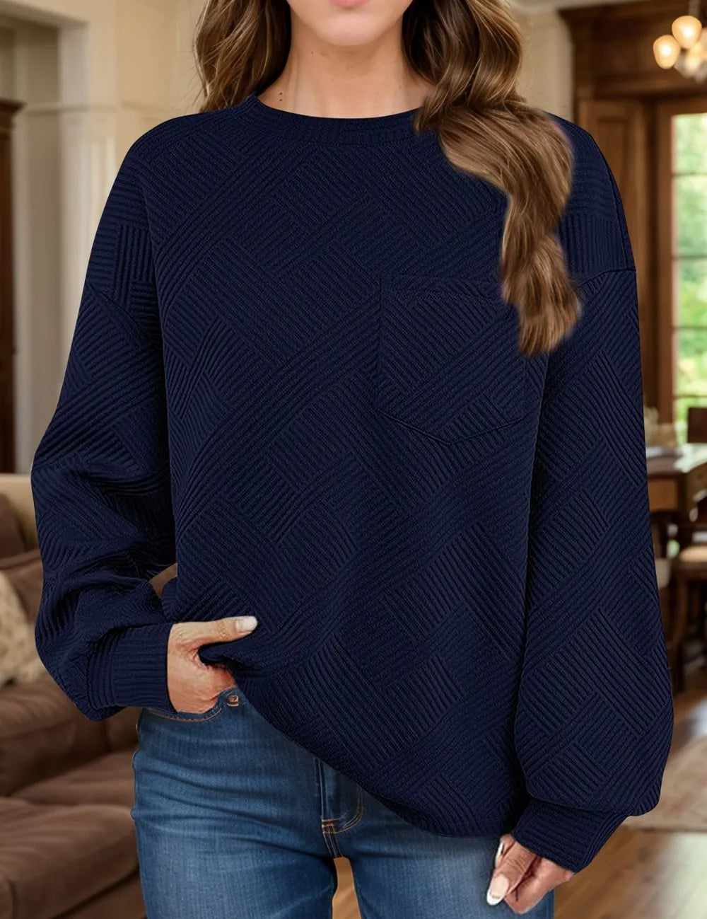 Full Size Texture Round Neck Long Sleeve Sweatshirt | Sweatshirts Daverri Fashions