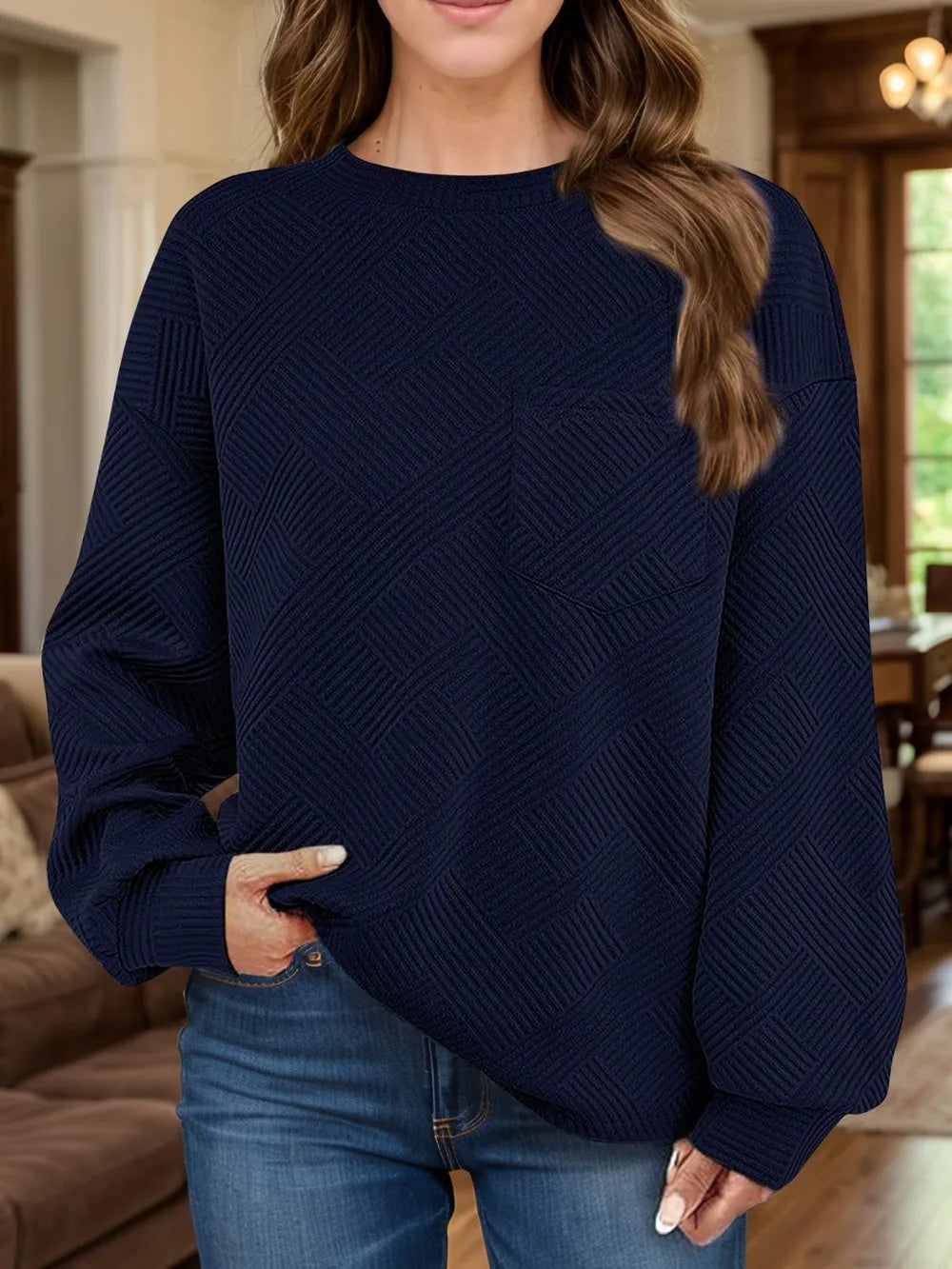 Full Size Texture Round Neck Long Sleeve Sweatshirt | Sweatshirts Daverri Fashions