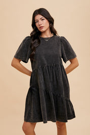 Annie Wear Mineral Washed Round Neck Short Sleeve Denim Dress Tops