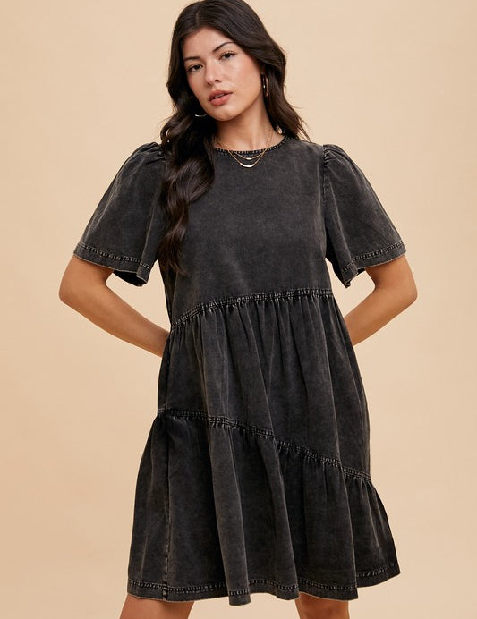 Annie Wear Mineral Washed Round Neck Short Sleeve Denim Dress Mini Dresses