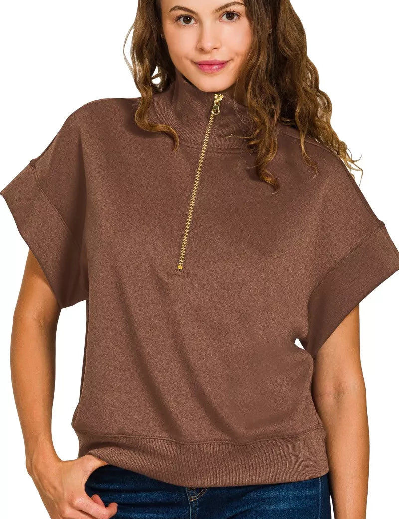 BROWN Zenana Full Size Scuba High Neck Half Zip Short Sleeve Top Plus Size | Daverri Fashions
