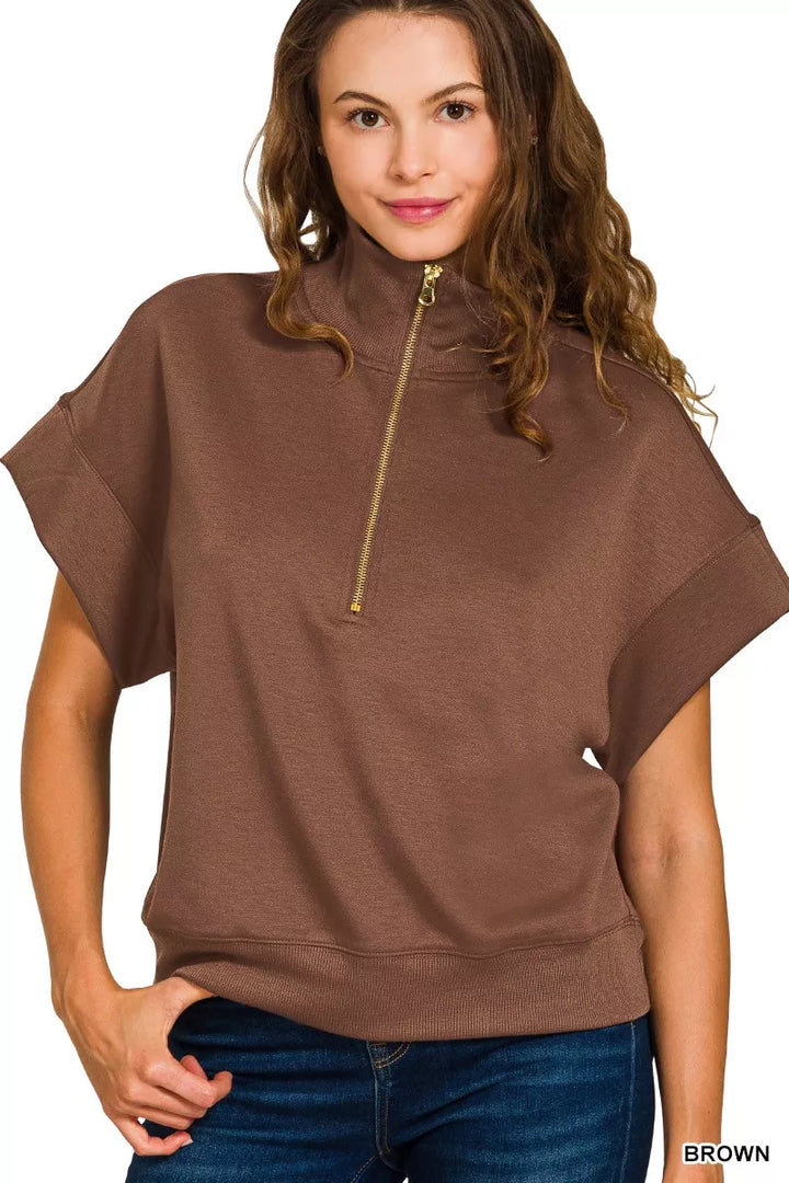 BROWN Zenana Full Size Scuba High Neck Half Zip Short Sleeve Top Plus Size | Daverri Fashions