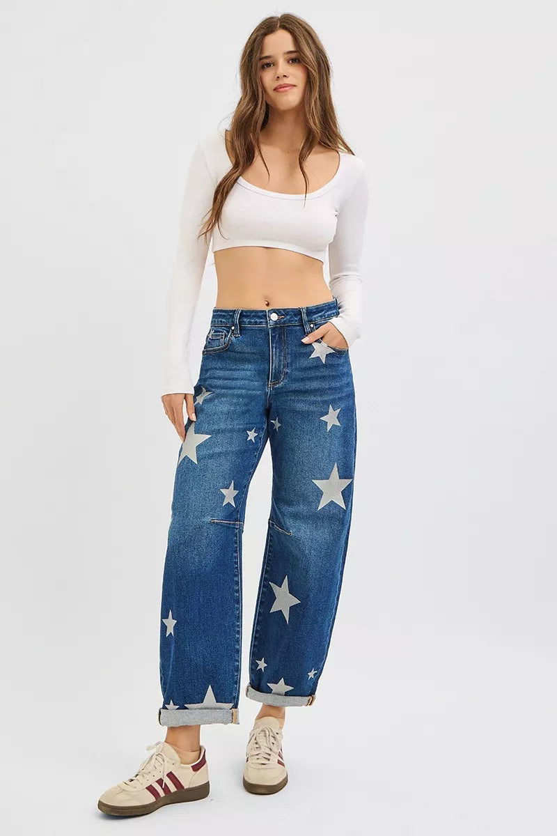 RISEN Mid Rise Ankle Length Relaxed Barrel Star Printed Jeans | Jeans Daverri Fashions