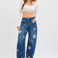 RISEN Mid Rise Ankle Length Relaxed Barrel Star Printed Jeans - DAVERRI FASHIONS