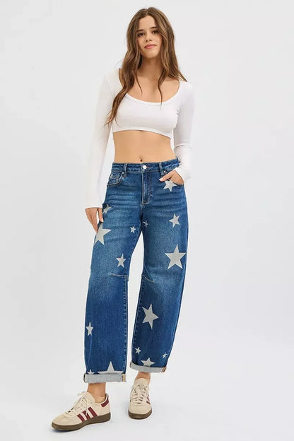 RISEN Mid Rise Ankle Length Relaxed Barrel Star Printed Jeans - DAVERRI FASHIONS