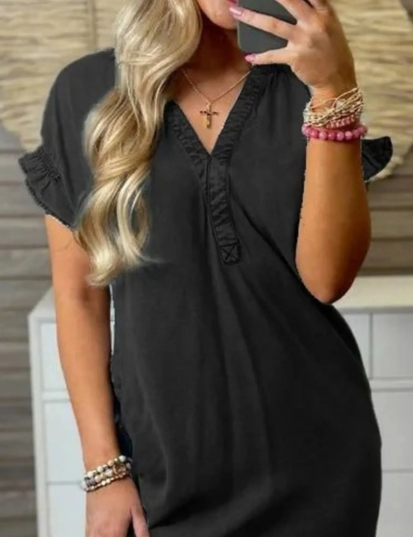 Full Size V-Neck Short Sleeve Denim Dress Plus Size | Daverri Fashions