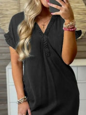 Full Size V-Neck Short Sleeve Denim Dress Plus Size | Daverri Fashions