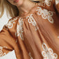 Umgee Full Size Two Tone Border Print Top with Balloon Sleeves Plus Size