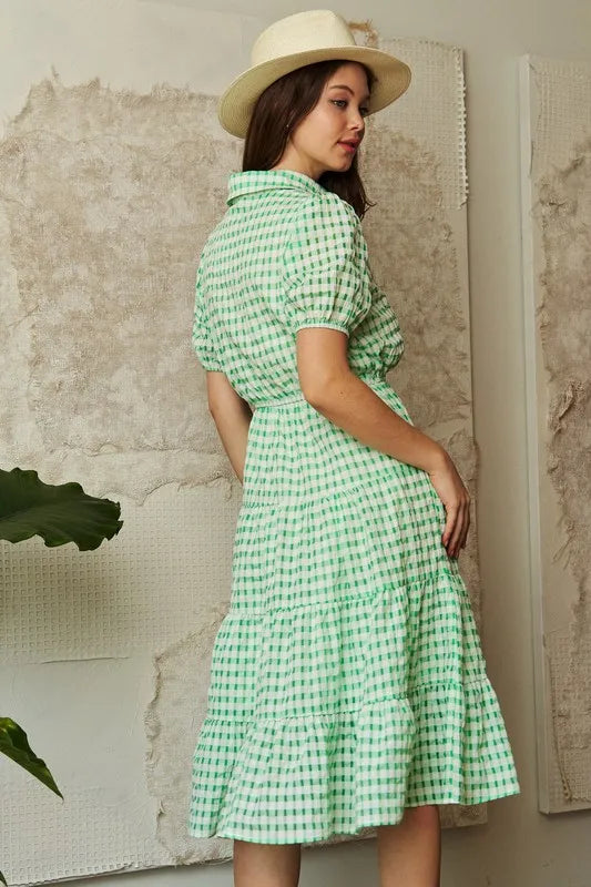 Davi & Dani Checkered Puff Sleeve Tiered Shirt Dress | Knee Length Dresses Daverri Fashions