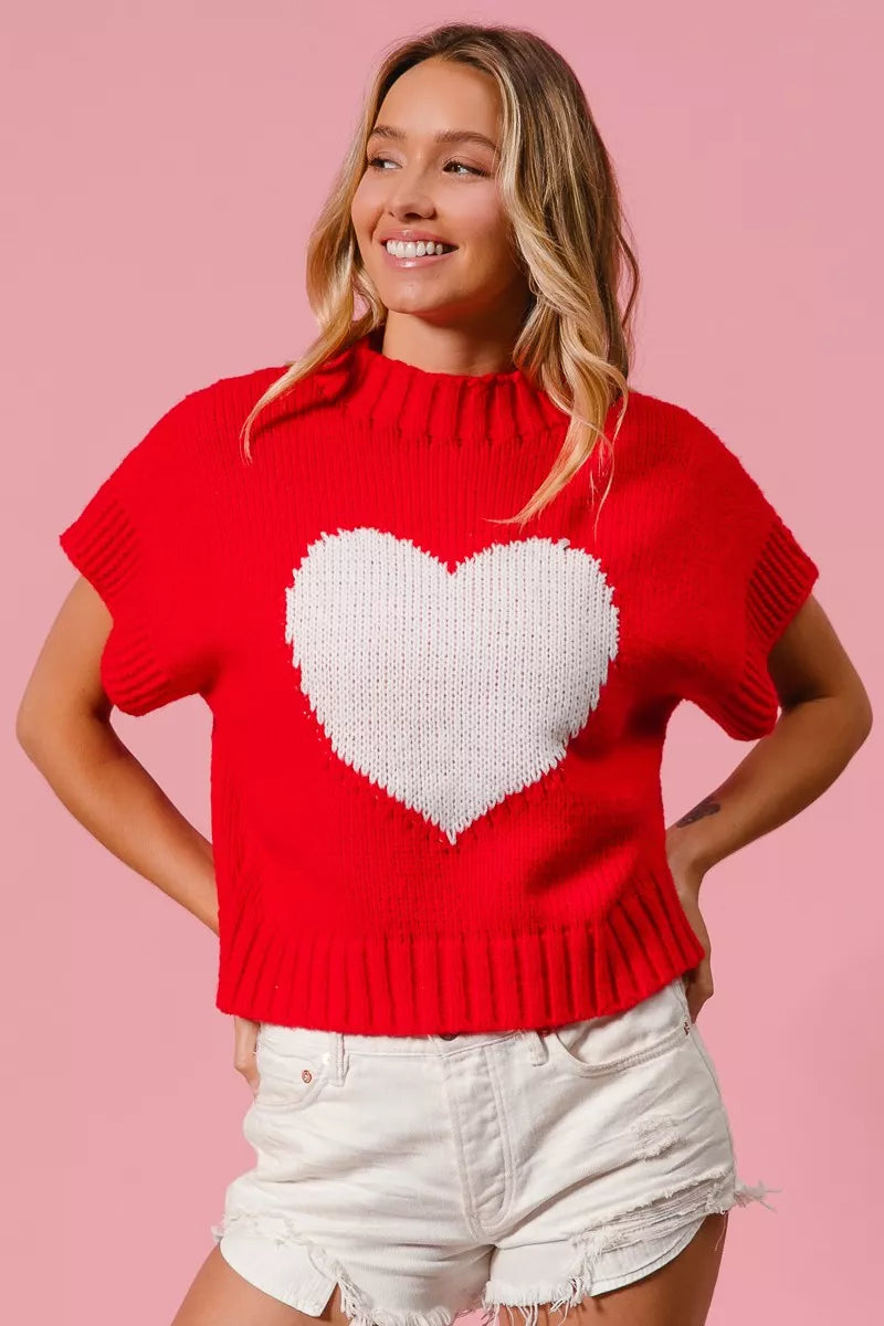 Red BiBi Rib Banded Heart Pattern Valentines Sweater with white heart design