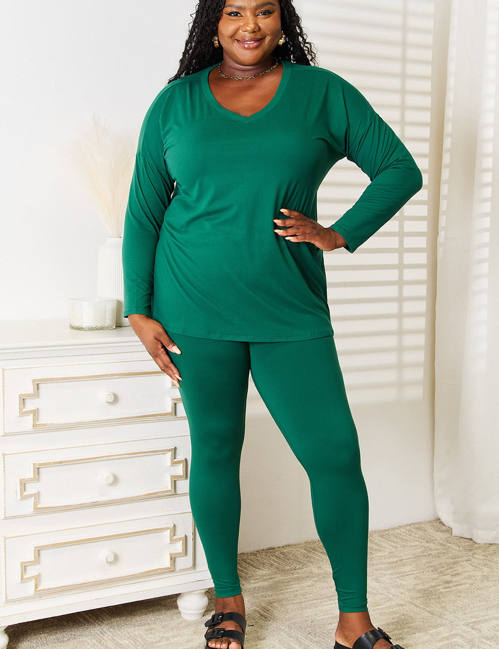 Zenana Lazy Days Full Size Long Sleeve Top and Leggings Set Dark Green S